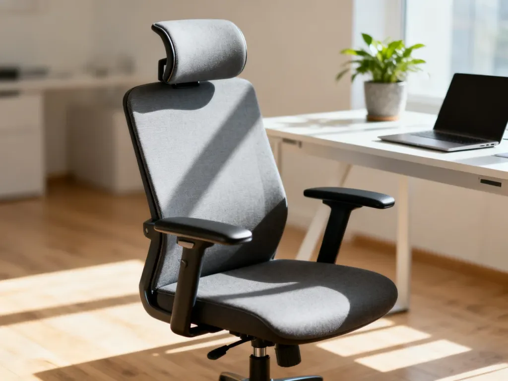 Nowoczesny, ergonomiczny fotel biurowy w jasnym, minimalistycznym domowym gabinecie, zapewniający komfort pracy.