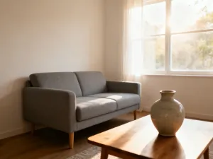 Szmaragdowy fotel uszak z narzutą i poduszką w słonecznym, nowoczesnym salonie. Idealne miejsce do wypoczynku.