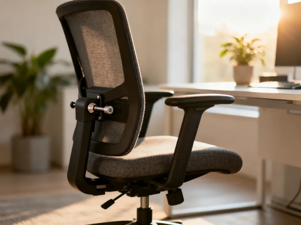 Ergonomiczny fotel biurowy z regulowanymi elementami w nowoczesnym, jasnym domowym biurze.