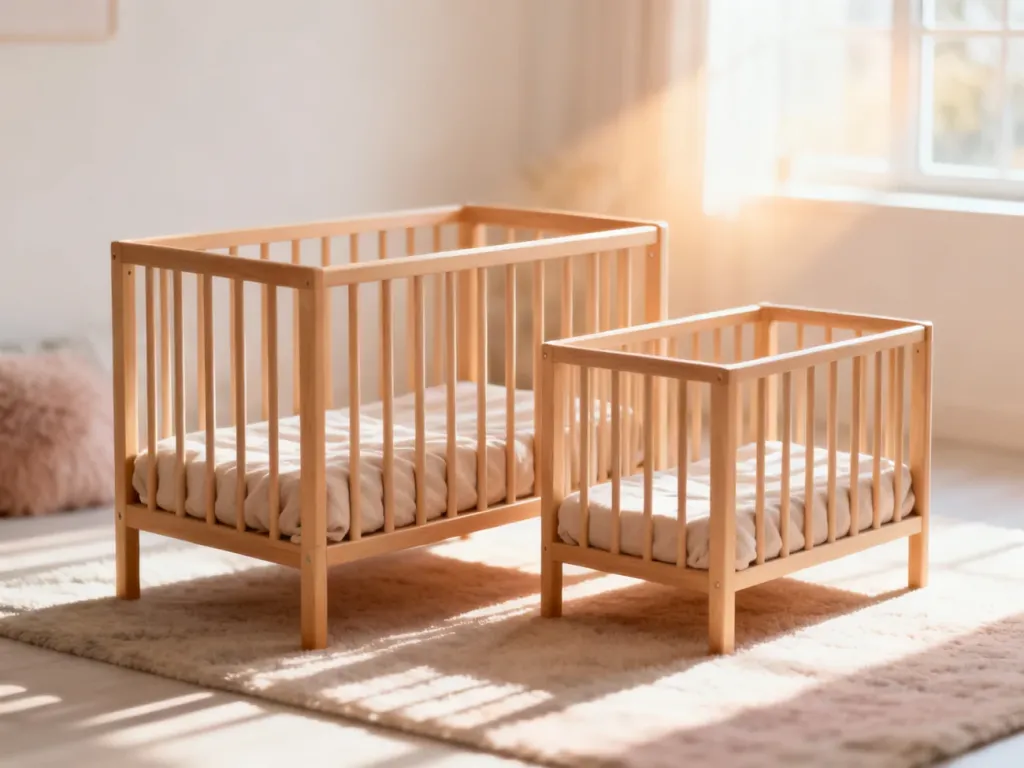 Dwa drewniane łóżeczka dziecięce o różnych rozmiarach ustawione obok siebie w jasnym, minimalistycznym pokoju dziecięcym.