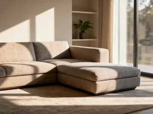 Elegancka narzuta na łóżko 160x200 w przytulnej, minimalistycznej sypialni. Miękka tkanina w odcieniach beżu i bieli.