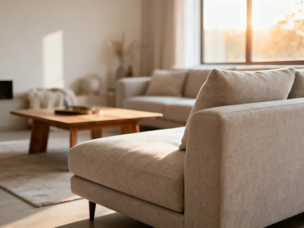 Nowoczesny salon z wygodną sofą w centrum, utrzymany w jasnej, minimalistycznej stylistyce z naturalnym oświetleniem.