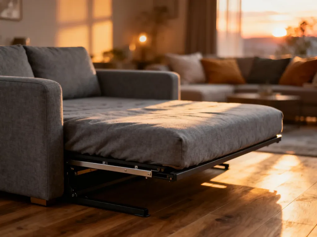 Stylowa szara sofa rozkładana w nowoczesnym salonie, ukazująca mechanizm zmiany mebla w wygodne łóżko.