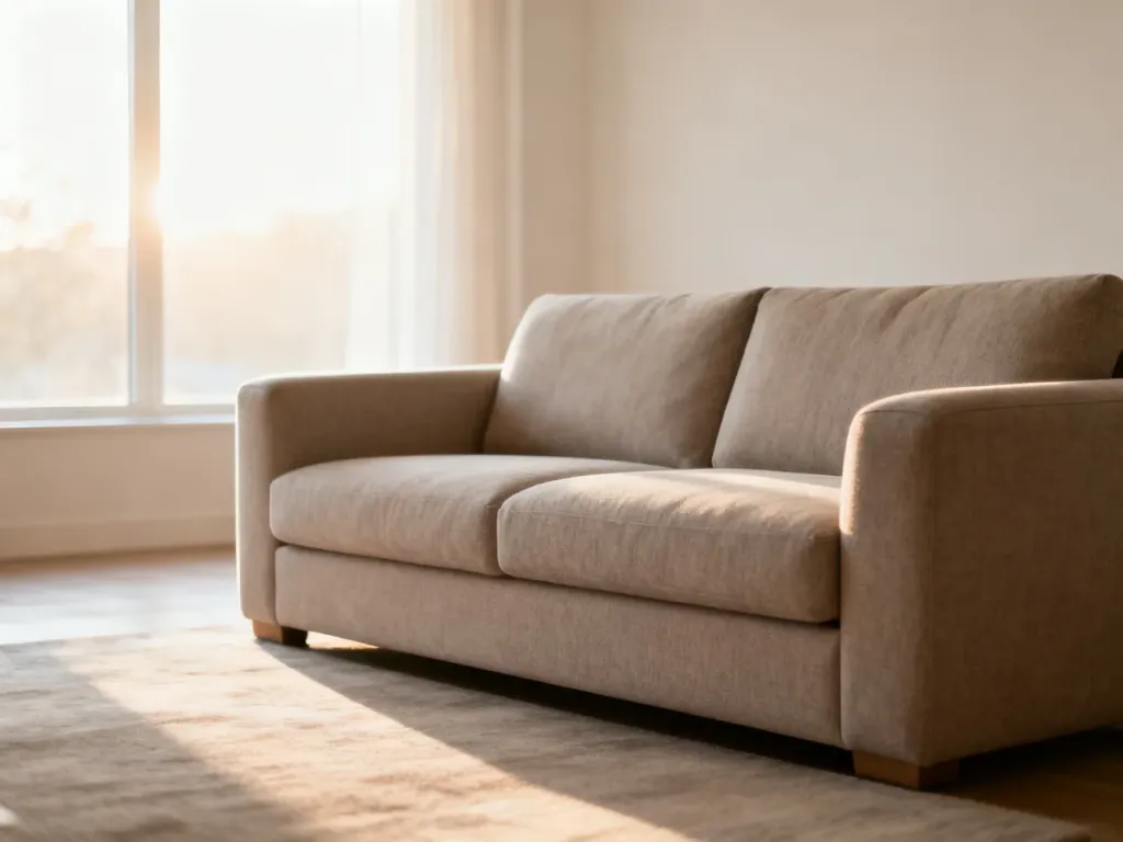 Nowoczesna, minimalistyczna sofa w centrum jasnego salonu, prezentująca wyważone proporcje mebla.