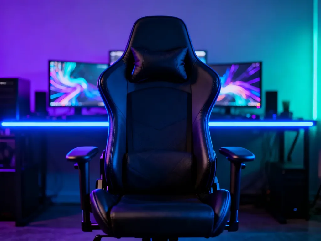 Nowoczesny fotel gamingowy z podświetleniem LED w ergonomicznym stanowisku komputerowym z nastrojowym oświetleniem.