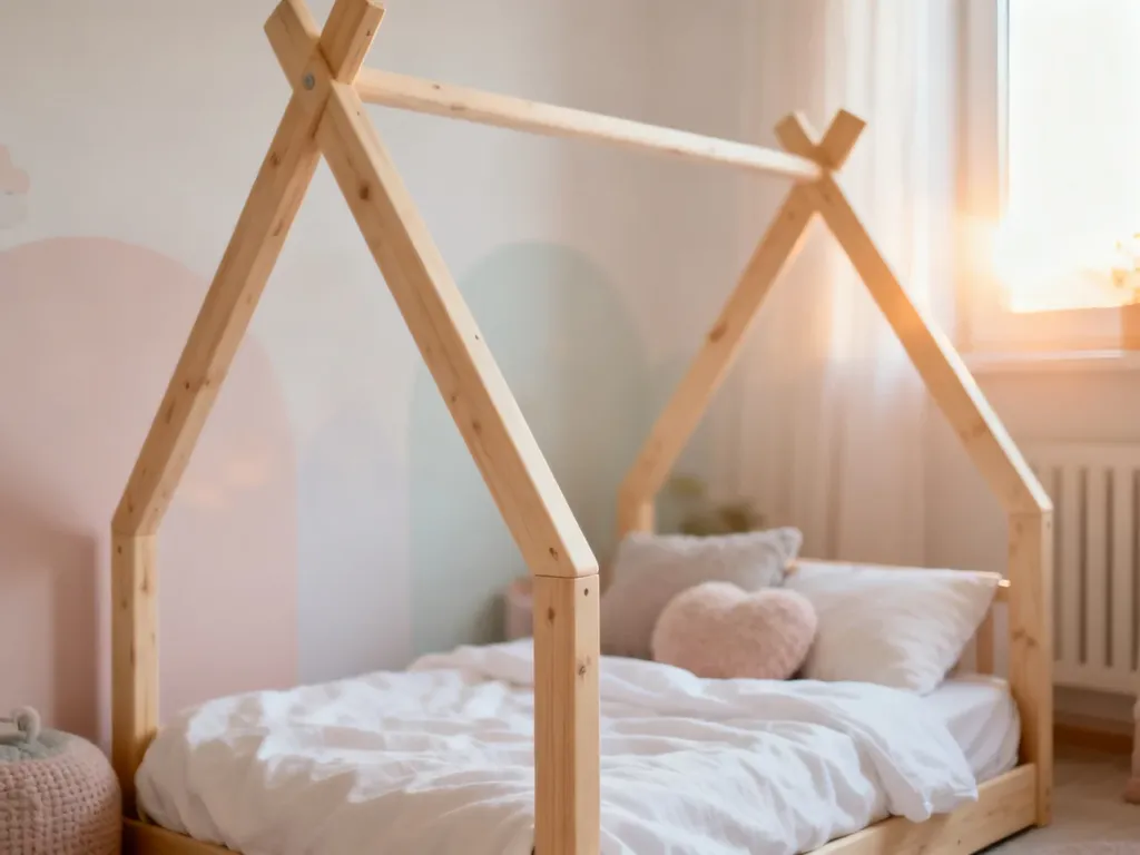 Minimalistyczne łóżko tipi z jasnego drewna z miękką pościelą w przytulnym, jasnym pokoju dziecięcym.