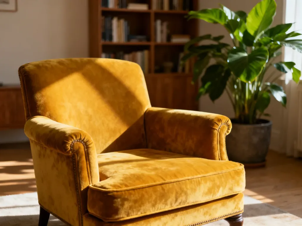Musztardowy fotel w stylu vintage w słonecznym, minimalistycznym salonie z rośliną w tle.