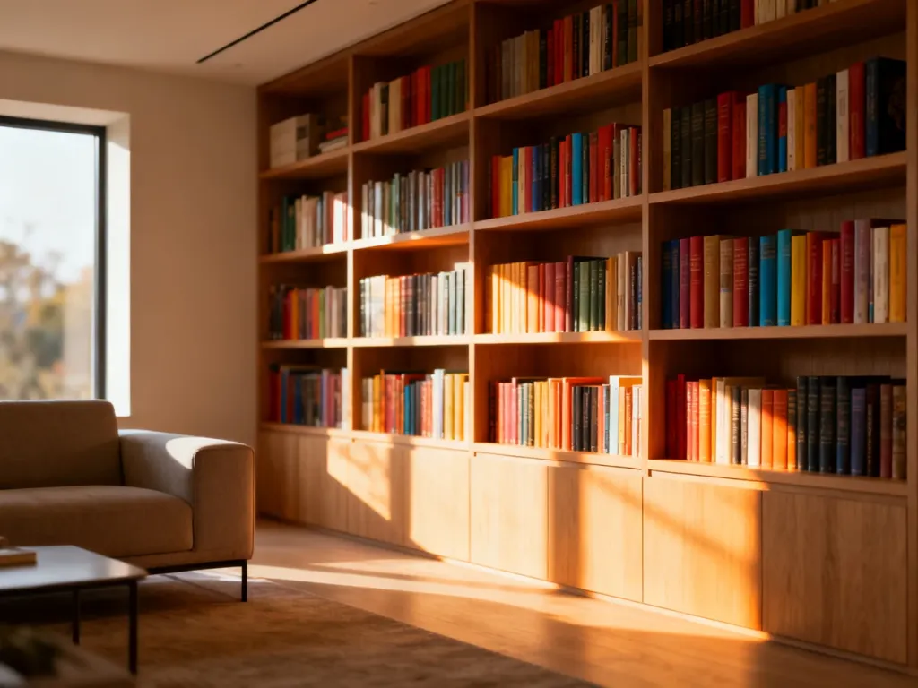 Nowoczesna, drewniana biblioteczka wypełniona kolorowymi książkami w przytulnym, słonecznym salonie.