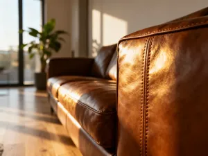 Elegancki salon z fioletowym narożnikiem ozdobionym szarymi poduszkami i minimalistycznym stolikiem kawowym.