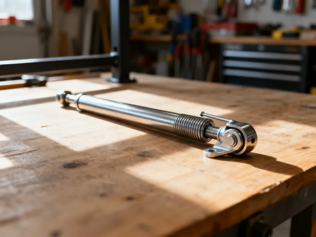 Metalowa sprężyna gazowa do stelaża łóżka leżąca na warsztacie, ukazująca szczegóły mechanizmu tłoka.