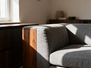 Zestaw miękkiej pościeli niemowlęcej w odcieniach beżu, starannie ułożony w minimalistycznym drewnianym łóżeczku.