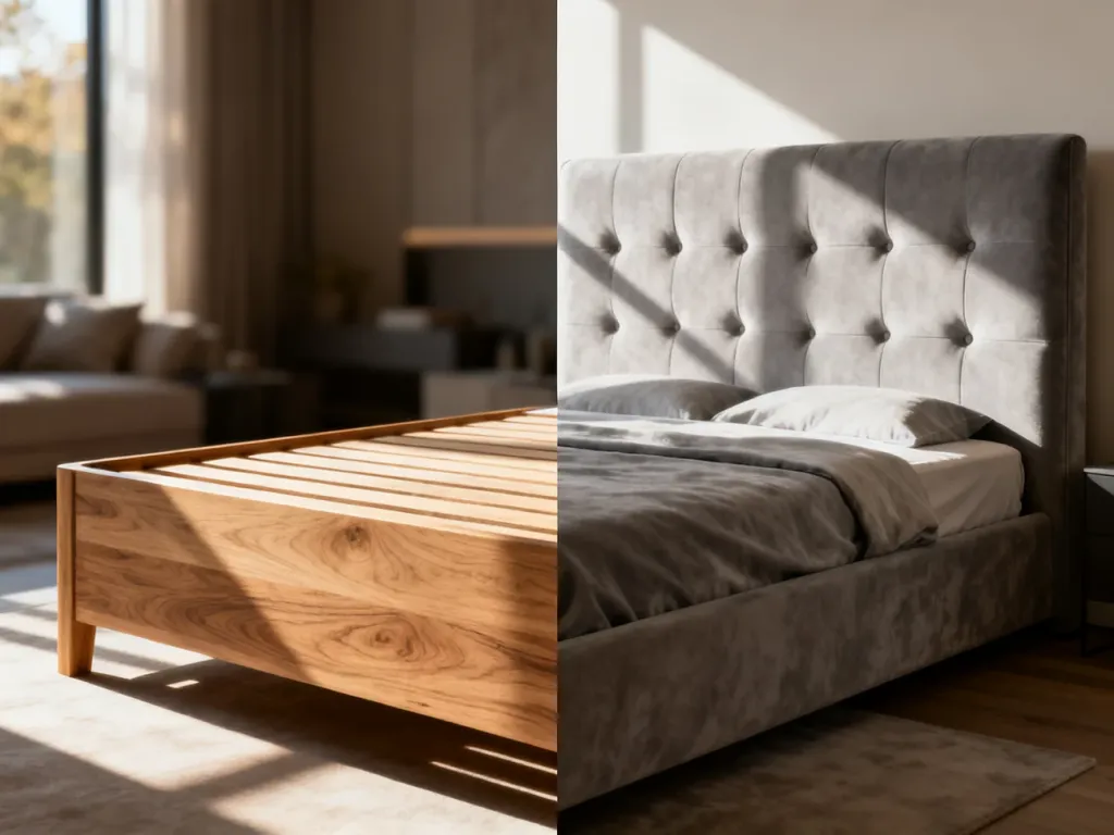 Porównanie sypialni z minimalistycznym łóżkiem drewnianym oraz eleganckim modelem tapicerowanym.