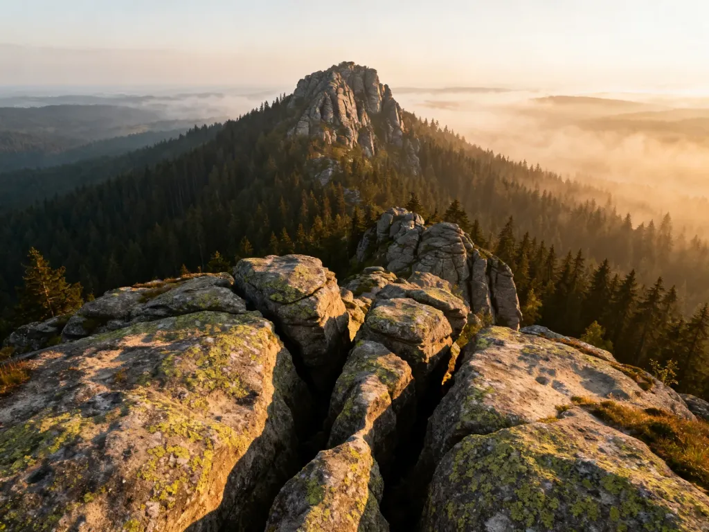 Skaliste formacje piaskowca na szczycie Narożnika w Górach Stołowych z rozległą panoramą zamglonych lasów w świetle zachodu.