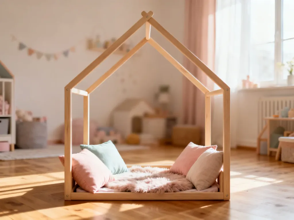 Minimalistyczne łóżeczko dziecięce w kształcie tipi w przytulnym pokoju urządzonym w stylu skandynawskim.