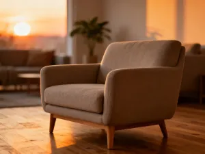 Nowoczesny salon z szarą kanapą, pastelowymi poduszkami i drewnianym stolikiem kawowym w jasnym, minimalistycznym wnętrzu.
