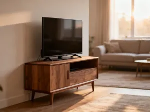 Eleganckie drewniane łóżko podwyższone za pomocą dyskretnych wsporników w przytulnej, minimalistycznej sypialni.