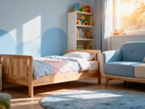 Minimalistyczne łóżko tipi z jasnego drewna z miękką pościelą w przytulnym, jasnym pokoju dziecięcym.