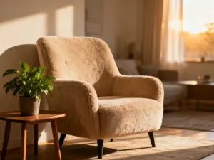 Nowoczesny salon z czarnymi meblami, złotymi dodatkami i przytulnym oświetleniem, tworzący elegancką atmosferę.