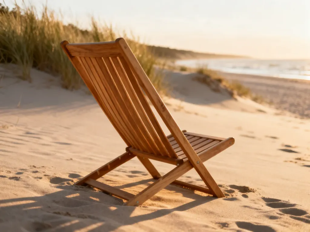 Drewniany leżak dębowy ustawiony na piaszczystej plaży w Dębkach w świetle poranka, z widokiem na wybrzeże Bałtyku.