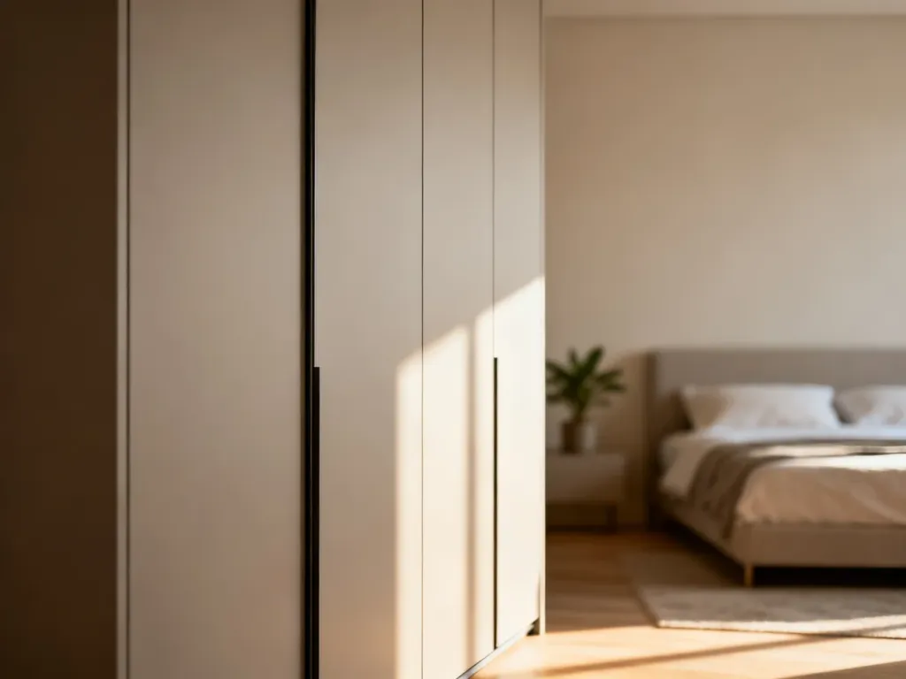 Nowoczesna szafa przesuwna o wysokości 230 cm w minimalistycznej sypialni, podkreślająca estetykę i funkcjonalność wnętrza.