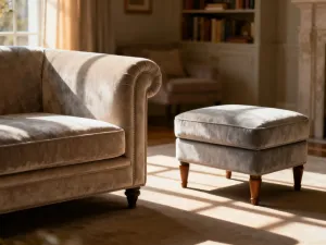 Brązowa skórzana sofa w salonie ze ścianami w kolorze szałwiowej zieleni oraz minimalistycznym stolikiem kawowym.