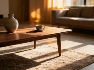 Bukiet świeżych piwonii z eukaliptusem w ceramicznym wazonie na szklanym stoliku kawowym w nowoczesnym salonie.