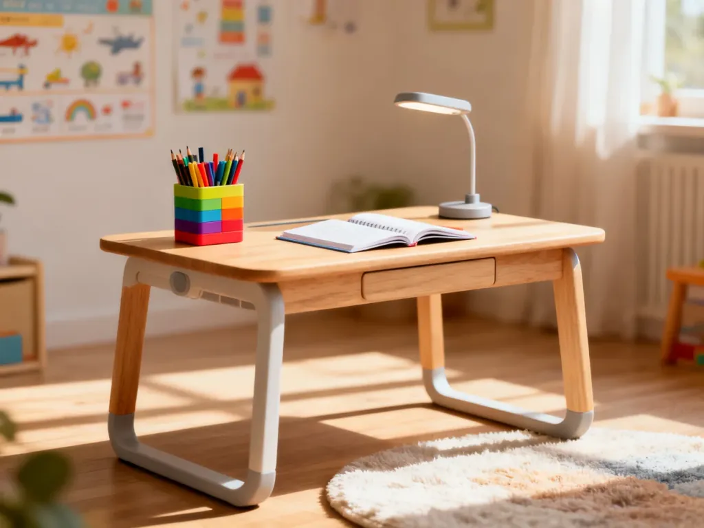 Nowoczesne, ergonomiczne biurko dla dziecka w przytulnym, słonecznym pokoju, sprzyjające nauce i kreatywności.