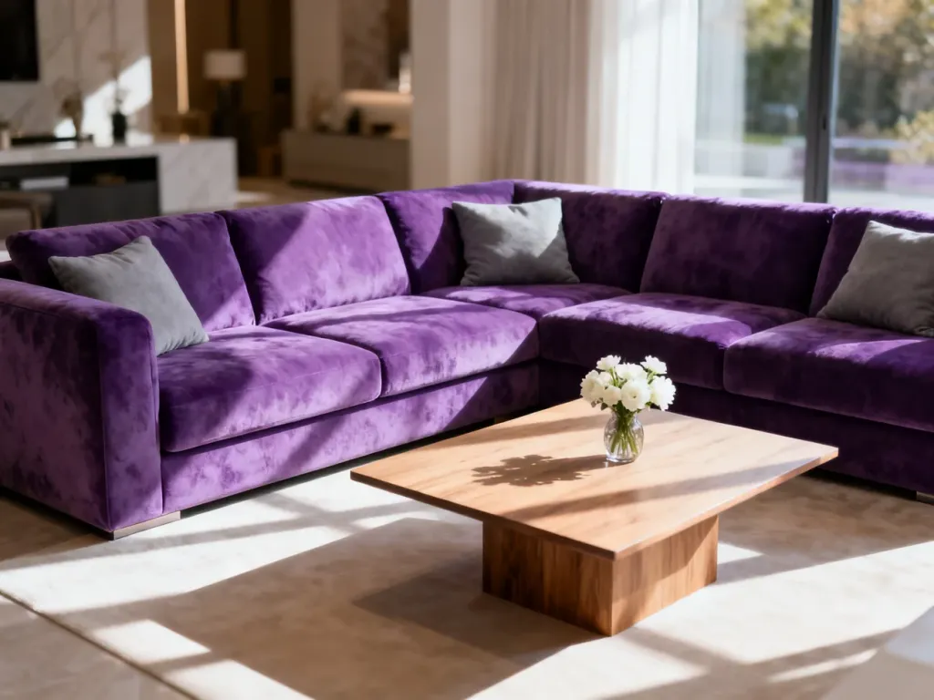 Elegancki salon z fioletowym narożnikiem ozdobionym szarymi poduszkami i minimalistycznym stolikiem kawowym.