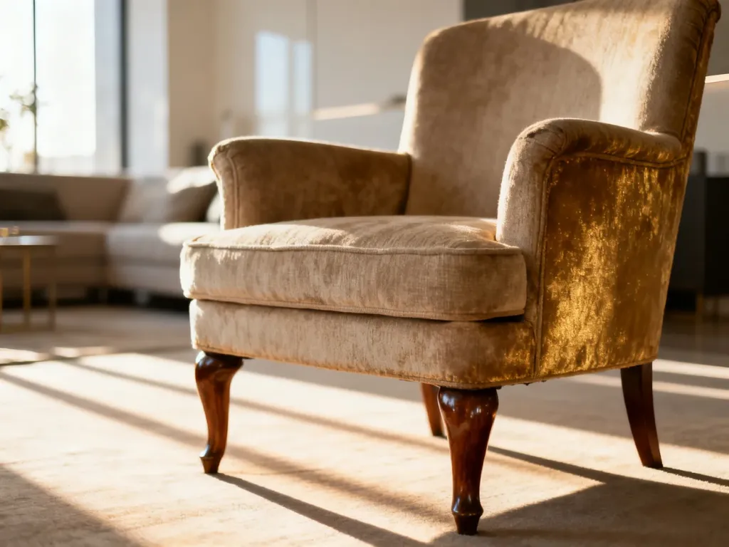 Odrestaurowany fotel w stylu vintage w jasnym salonie, prezentujący doskonały stan używanego mebla.