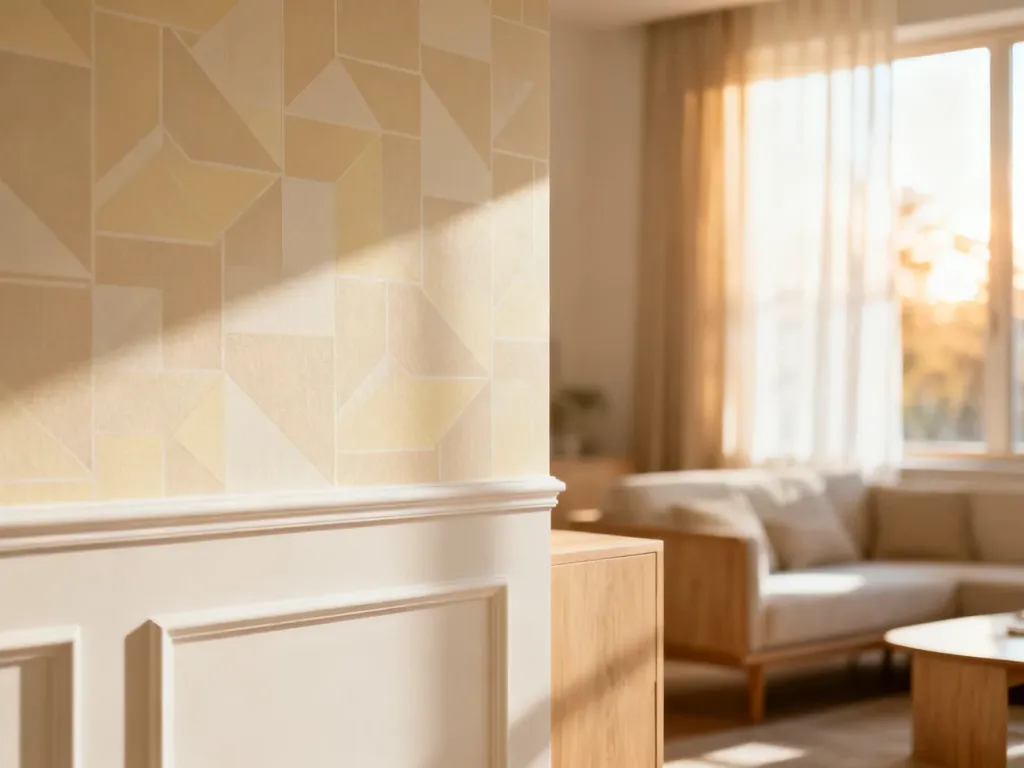 Jasny salon z minimalistyczną tapetą w geometryczne wzory, która harmonijnie komponuje się z jasnymi meblami.