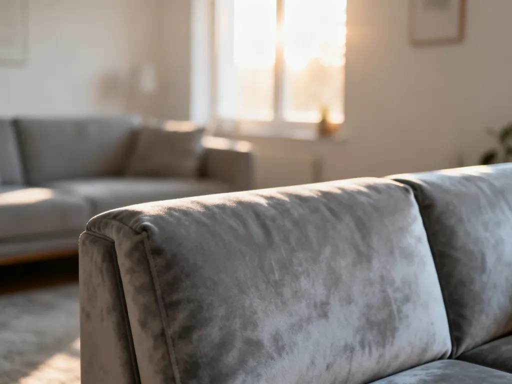 Nowoczesna, szara sofa o wytrzymałej tkaninie przyjaznej zwierzętom w jasnym, przytulnym salonie.
