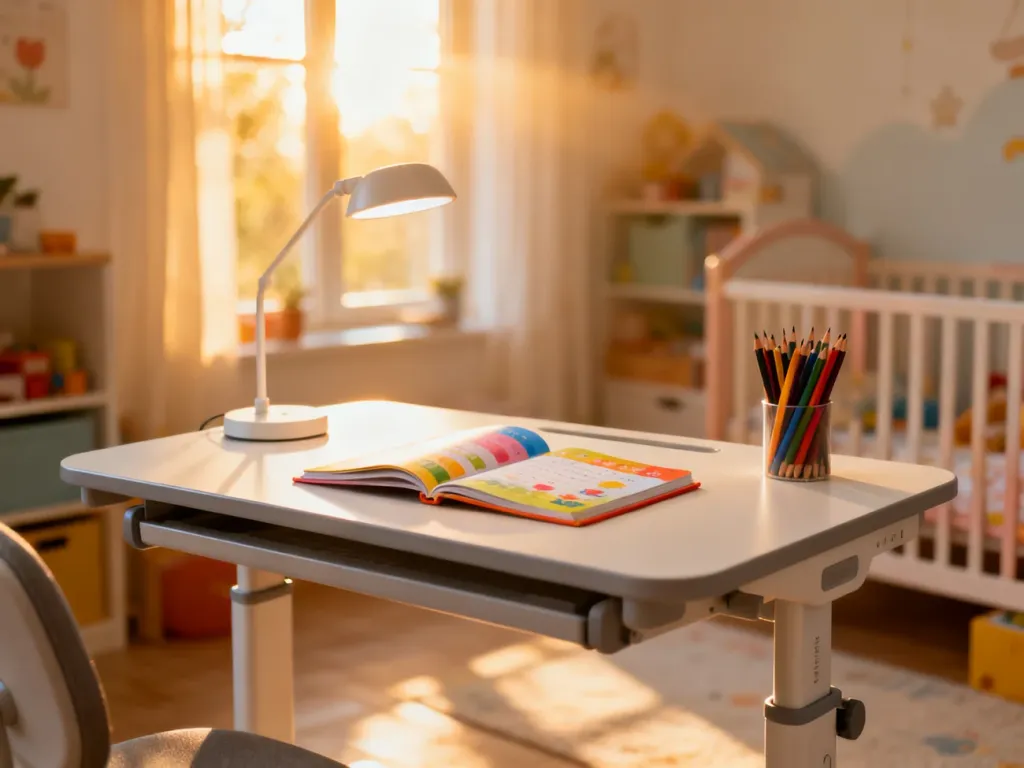Nowoczesne, ergonomiczne biurko z regulacją wysokości w jasnym pokoju dziecięcym, sprzyjające wygodnej nauce.