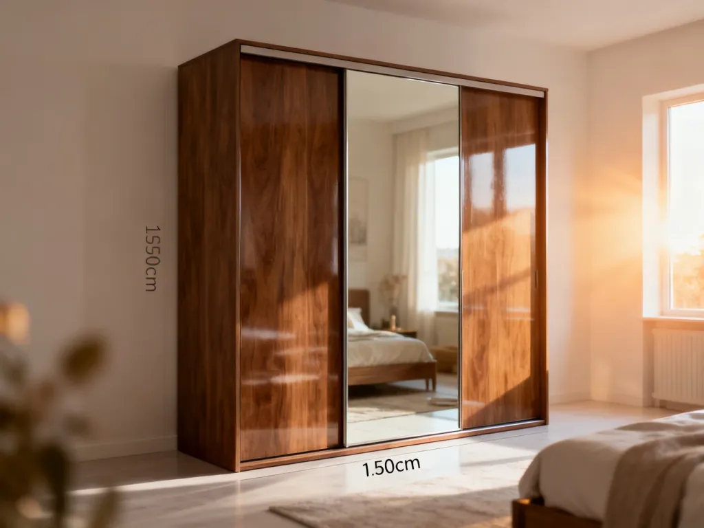 Nowoczesna szafa przesuwna o szerokości 150 cm z dużym lustrem w minimalistycznej, jasnej sypialni.