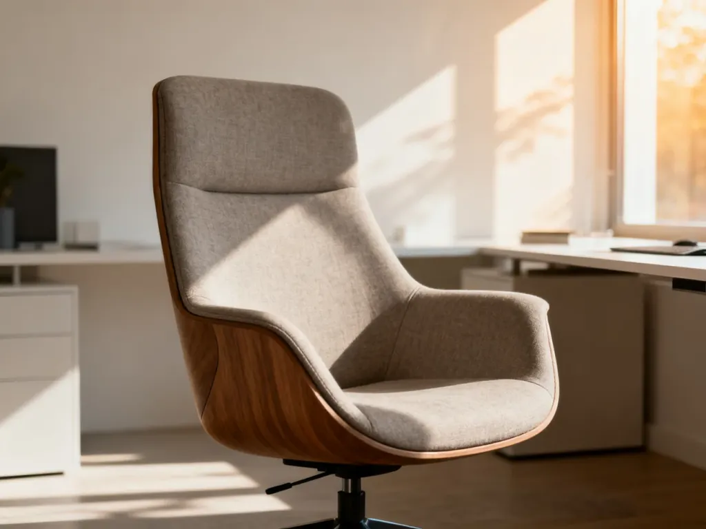 Nowoczesny fotel kubełkowy w jasnym, minimalistycznym biurze domowym, zapewniający ergonomiczne wsparcie podczas pracy.