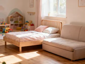 Przytulny pokój dziecięcy z łóżkiem tipi oraz łóżkiem w kształcie domku, utrzymany w jasnej, pastelowej kolorystyce.