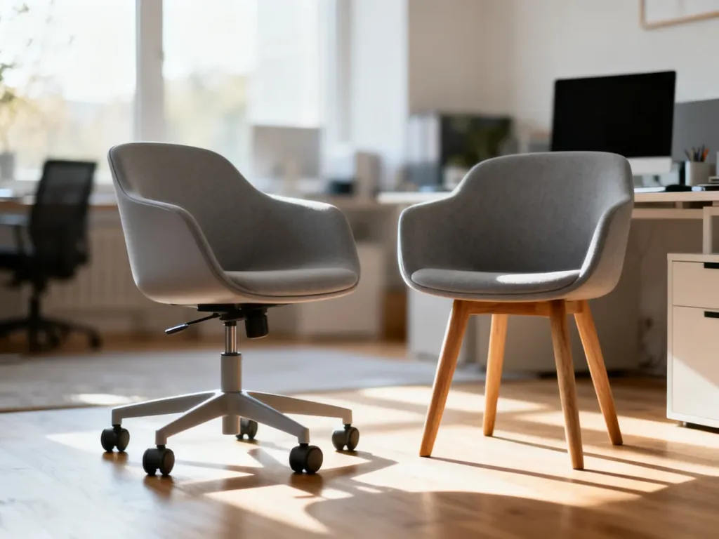Dwa nowoczesne krzesła biurowe: ergonomiczne na kółkach oraz stacjonarne na drewnianych nogach w jasnym gabinecie.