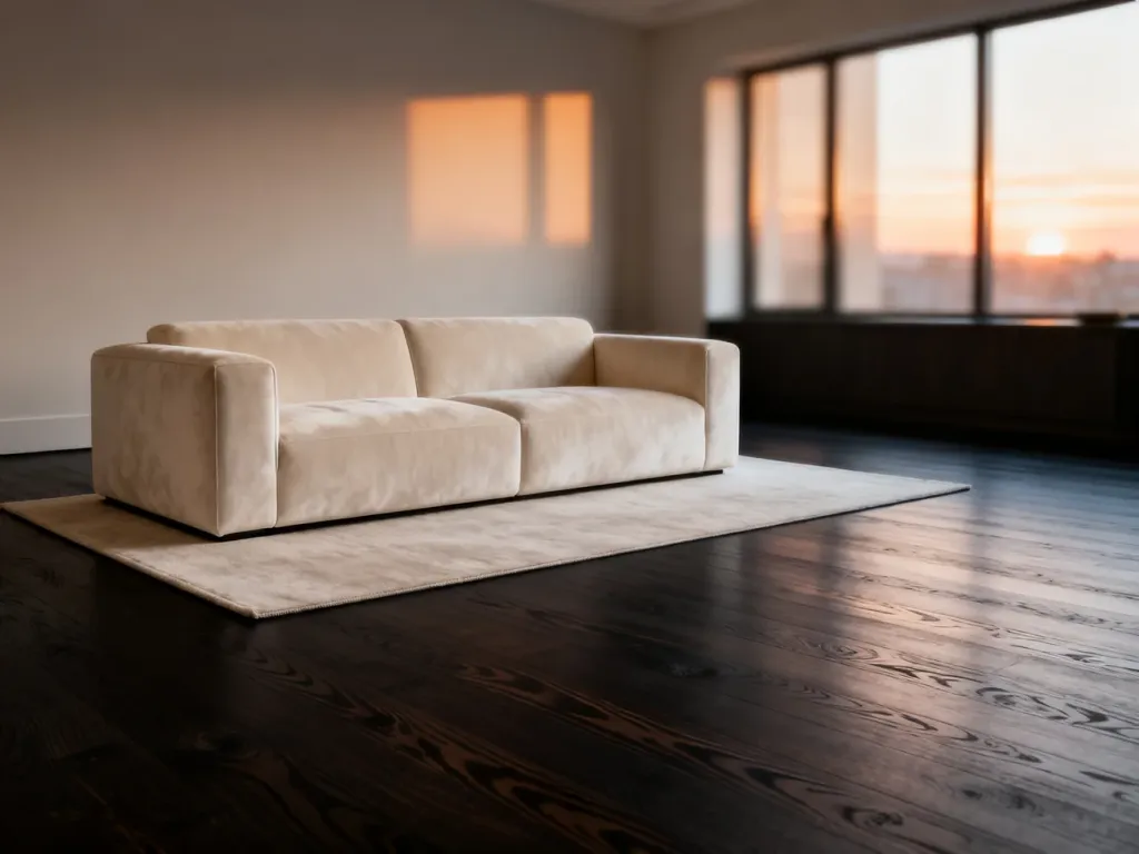 Kremowa sofa na jasnym dywanie kontrastuje z ciemną podłogą, tworząc elegancki i przytulny wystrój nowoczesnego salonu.