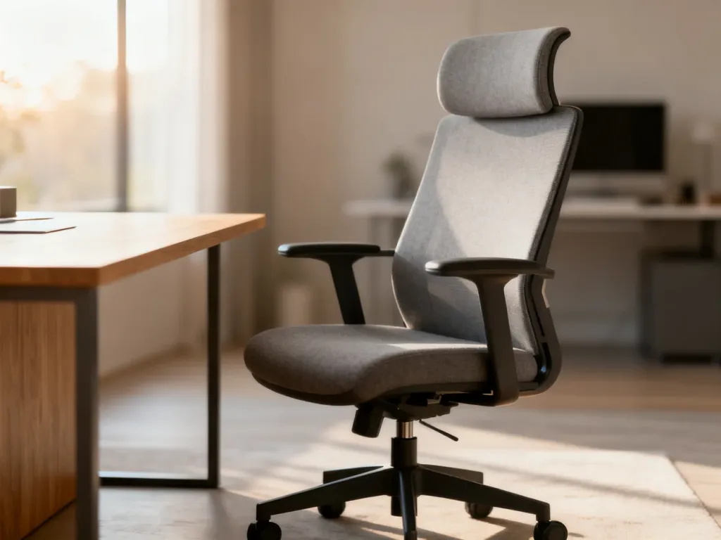 Ergonomiczne krzesło obrotowe przy minimalistycznym biurku w nowoczesnym domowym biurze.
