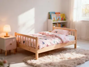 Nowoczesny salon z drewnianym stolikiem, welurową sofą i regałem, utrzymany w przytulnej, neutralnej kolorystyce.