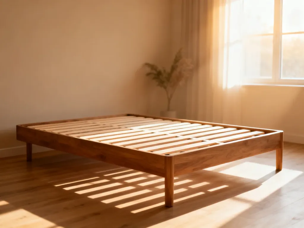 Nowoczesna rama łóżka z widocznym drewnianym stelażem w minimalistycznej, słonecznej sypialni.