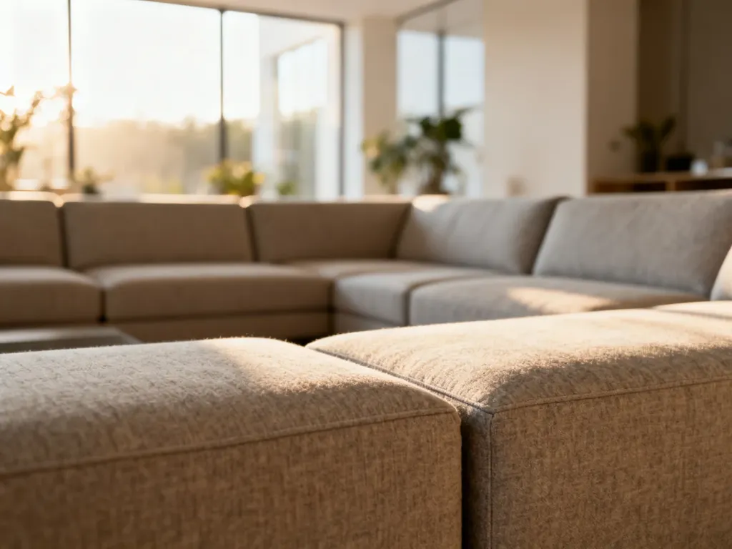 Nowoczesna sofa modułowa w jasnym salonie, prezentująca możliwość łączenia niezależnych segmentów w minimalistycznym wnętrzu.