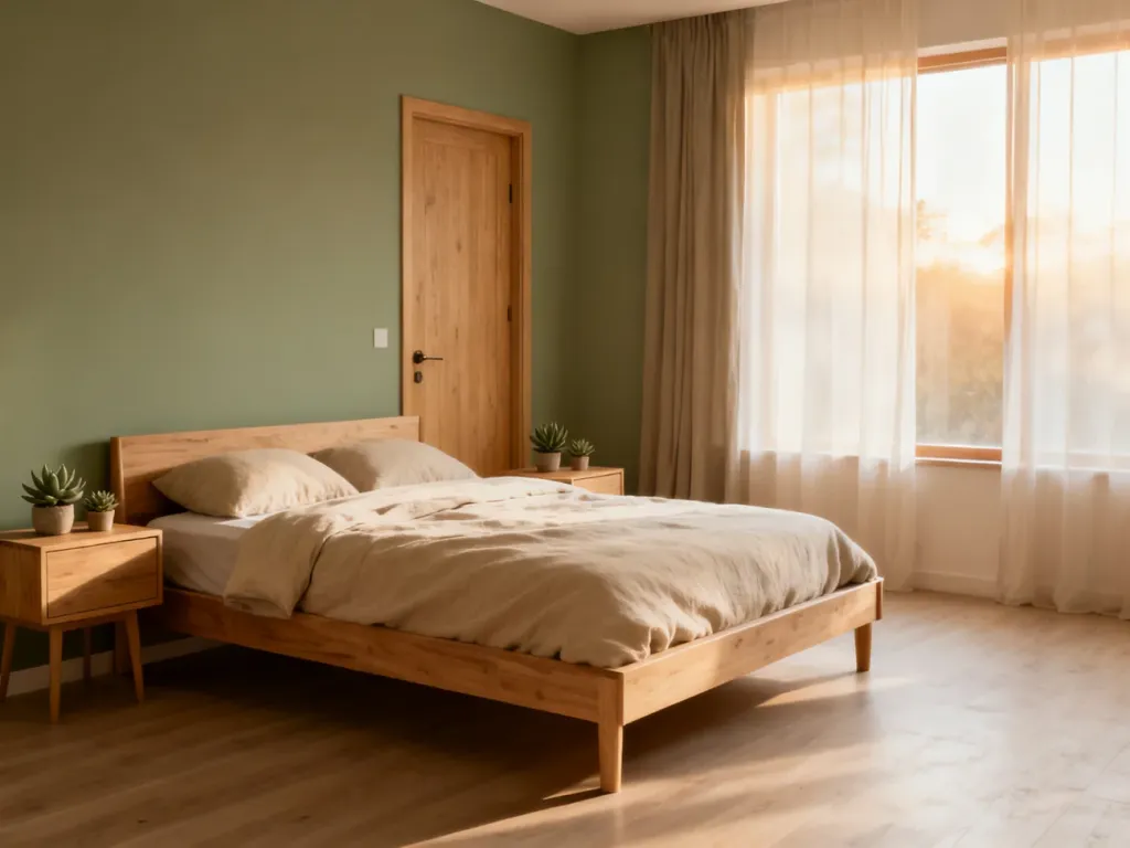 Minimalistyczna sypialnia urządzona zgodnie z zasadami feng shui, z łóżkiem ustawionym w harmonii z przestrzenią.