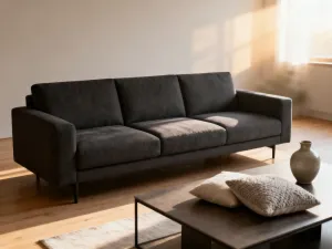 Nowoczesne wnętrze z minimalistycznym biurkiem i elegancką toaletką z okrągłym lustrem w przytulnej sypialni.
