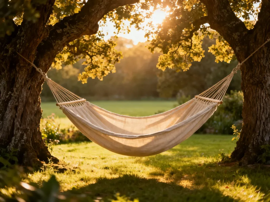 Przestronny, bawełniany hamak zawieszony między dębami w słonecznym ogrodzie, zachęcający do relaksu.