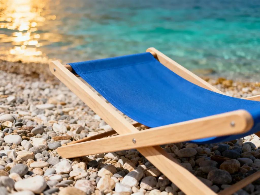 Nowoczesny, drewniany leżak z niebieską tkaniną na kamienistej plaży w Chorwacji z widokiem na turkusowe morze.