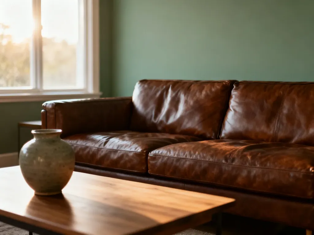 Brązowa skórzana sofa w salonie ze ścianami w kolorze szałwiowej zieleni oraz minimalistycznym stolikiem kawowym.